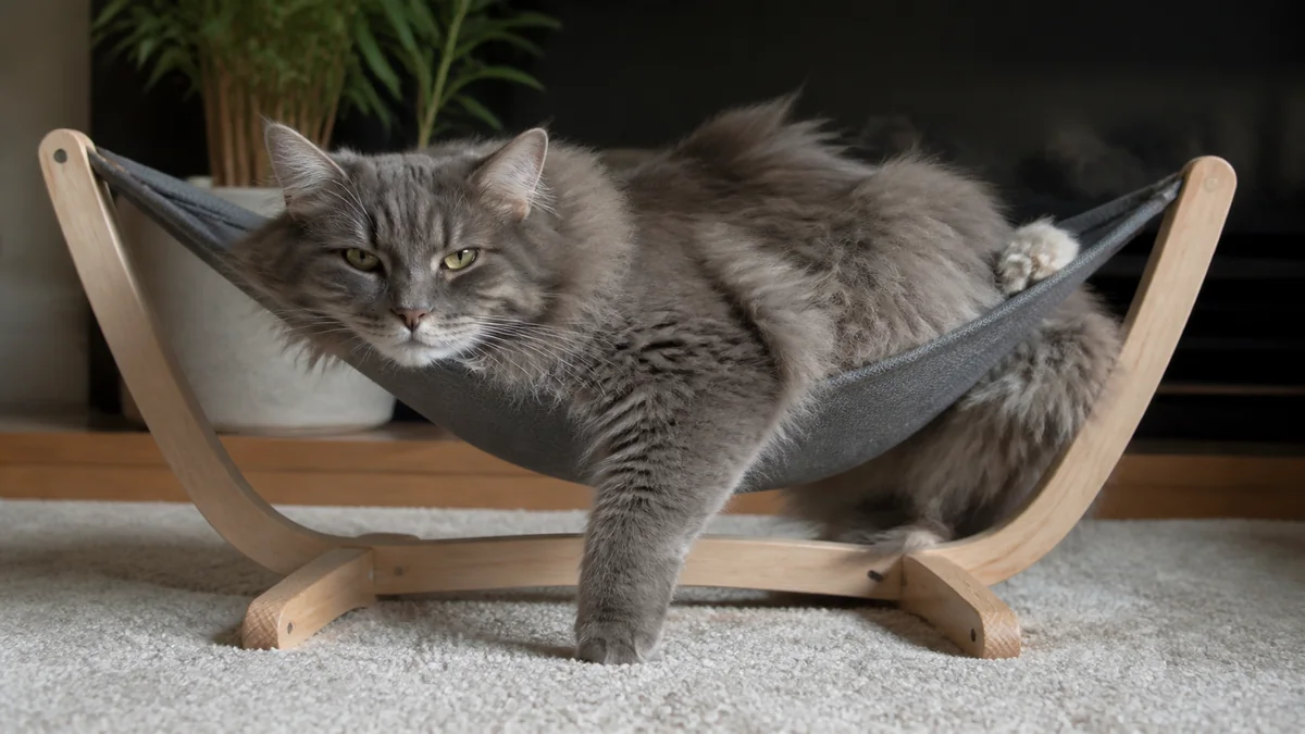 A long-haired gray cat relaxes in a low indoor hammock.
