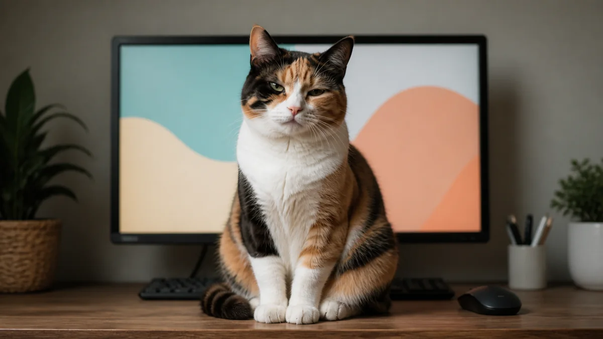 A calico cat sits in front of a monitor with abstract colors.