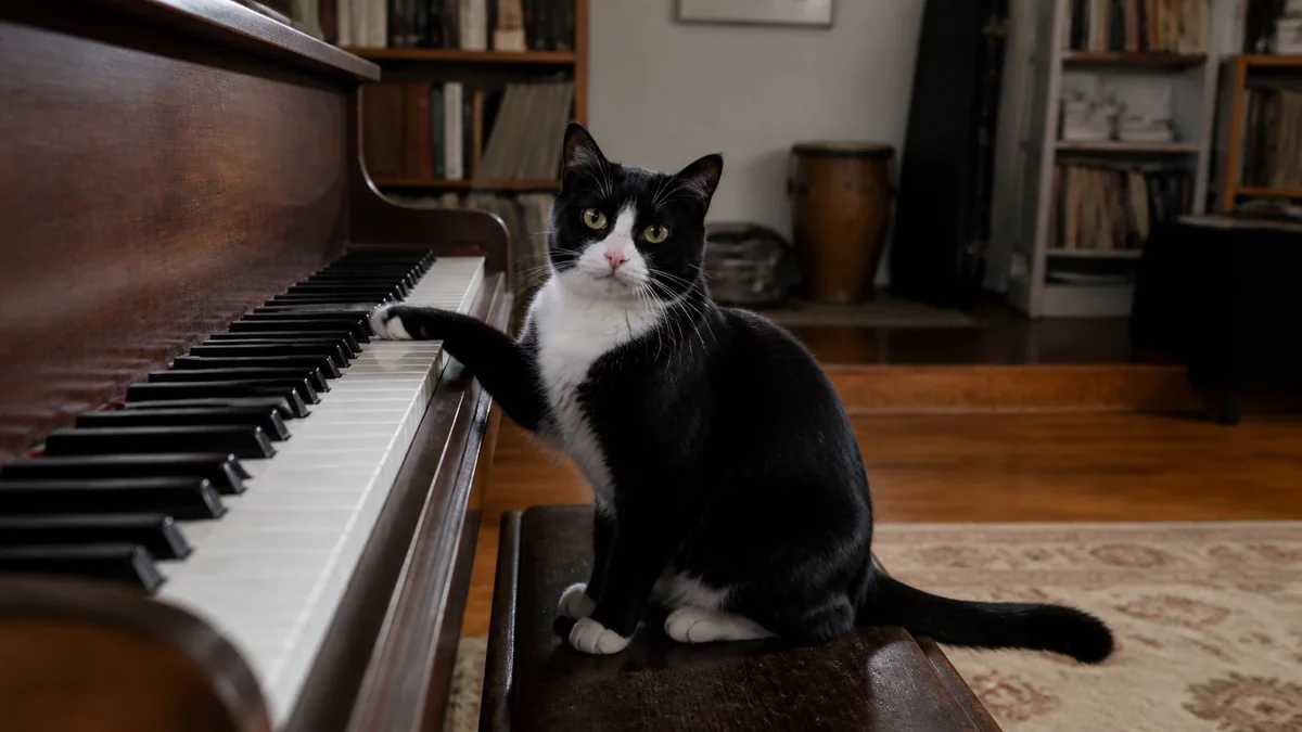 A tuxedo cat rests a paw on a piano keyboard.